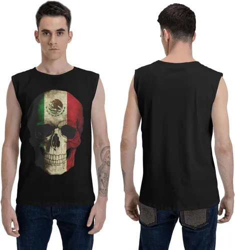 Vista 6 de Camiseta sin mangas con diseño de calavera mexicana con bandera mexicana para hombre, camiseta sin mangas para gimnasio, culturismo