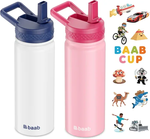 Vista 12 de baab Botella de agua para niños de 18 onzas, botella de agua aislada con popote y calcomanías, taza con popote de agua para niños de acero