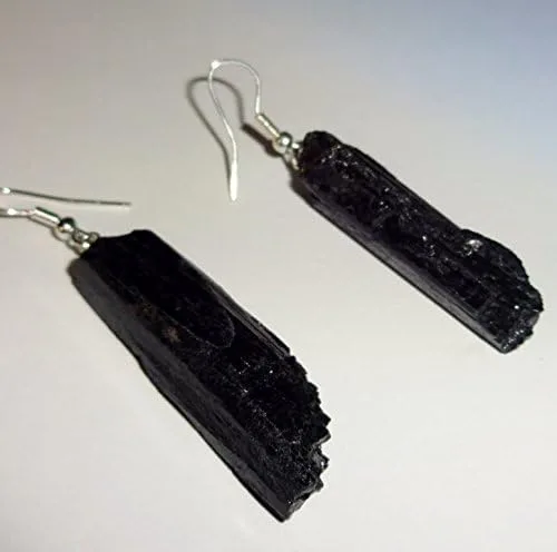 Vista 3 de 1 par de pendientes de piedras preciosas curativas de cristal natural de turmalina negra cruda, Metal