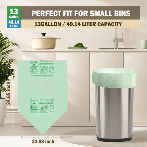 Vista 3 de Bolsas de basura compostables, 13 galones / 49.2 litros, 45 unidades, extragruesas de 0.9 mil de alto, forros de basura de cocina, certificados por