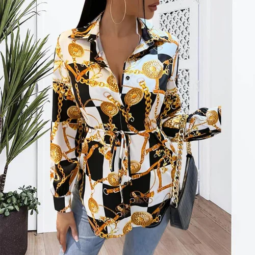 Vista 6 de Vestidos tipo camisa para mujer, sexy, con botones, con cuello, blusas de manga larga, estampado floral