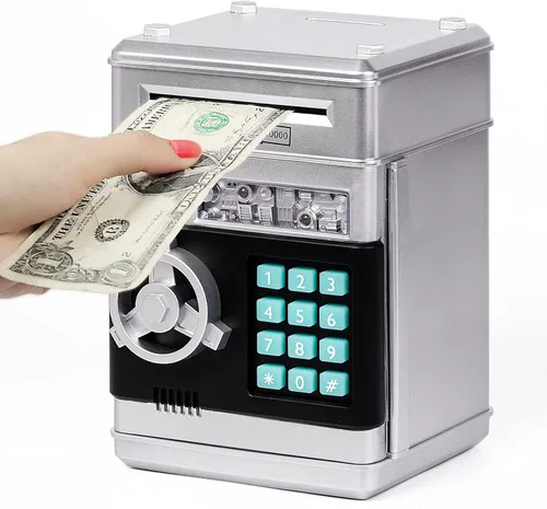 Vista 12 de Refasy Alcancía para dinero en efectivo, cajero automático, banco electrónico de monedas para niños de 3 a 12 años, caja de ahorro de dinero, mini