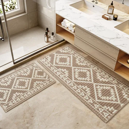 Vista 7 de PADOOR -Tapete de baño de punto gofre, súper absorbente, lavable a máquina, antideslizante, con borlas, tapete de baño suave para lavandería, Marrón