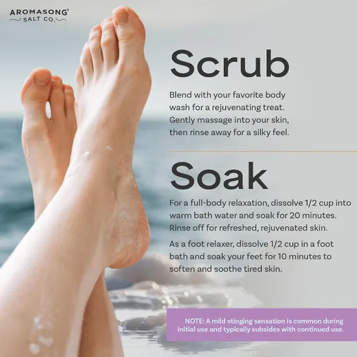 Vista 4 de Aromasong Copos de baño de magnesio RAW con lavanda 100% natural, 14 onzas. Sales orgánicas relajantes musculares Mg cloruro, sal mineral remojada.