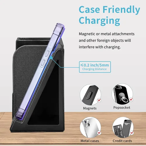 Vista 5 de Organizador de escritorio de cuero PU con soporte de estación de carga inalámbrica para iPhone 10W, soporte rectangular para caja de pañuelos negro