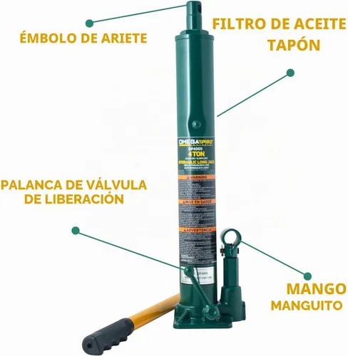 Vista 2 de Omega Pro Gato hidráulico largo Ram - Capacidad de 4 toneladas con base plana para taller de garaje automático, verde (OP400S)