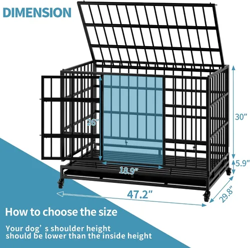 Vista 4 de Jaula plegable indestructible para perros con ruedas, jaula de metal resistente a prueba de escapes de 48 pulgadas para perros grandes y medianos