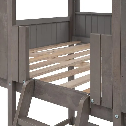 Vista 7 de Harper & Bright Designs Literas de madera de tamaño matrimonial sobre matrimonial, literas de madera con techo y barandilla de protección para Gris