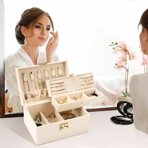 Vista 2 de CHFONG Joyero de 2 capas de piel sintética soporte de joyería portátil de viaje extraíble para collares aretes anillos pulseras joyeros organizador