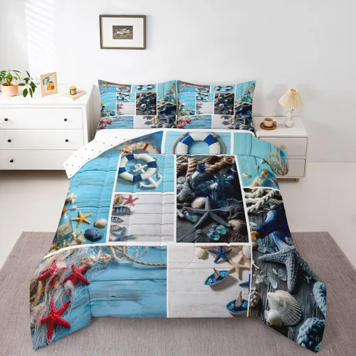 Vista 18 de Erosebridal Edredón náutico costero, juego de ropa de cama y colecciones de playa de verano, estilo clásico, edredón de plumón oceánico