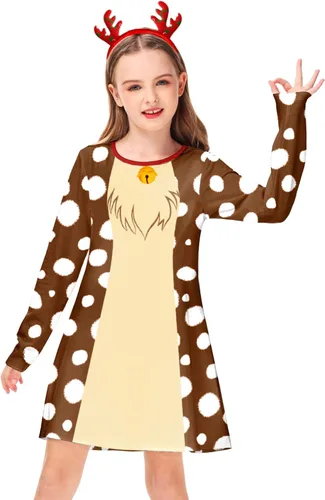 Vista 4 de Deerose Vestido de manga larga para niñas del día de San Patricio Mardi Gras, de 3 a 14 años Navidad café