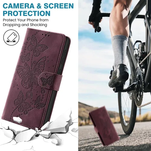 Vista 8 de Funda tipo cartera para iPhone 14 Plus, color borgoña Bloqueo RFID, soporte para 3 tarjetas, carcasa de TPU a prueba de golpes, cierre magnético