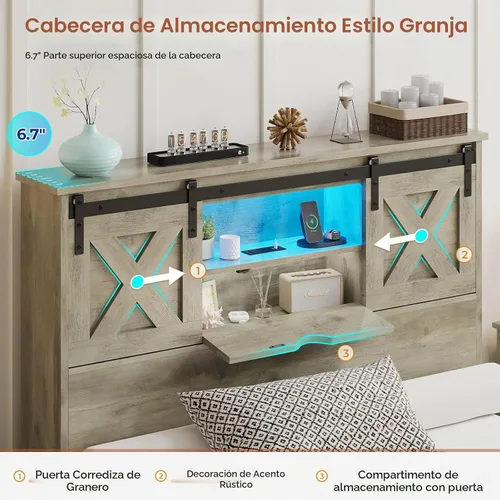 Vista 4 de Hasuit Marco de cama de granja tamaño individual con 2 cajones de almacenamiento, plataforma de madera con luces LED y estación de carga, cabecera