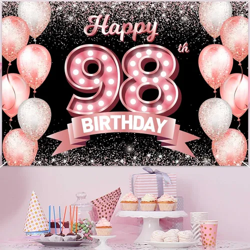 Vista 114 de Cartel de feliz cumpleaños décimo oro rosa, telón de fondo, saludos a 10 años, globos de confeti, decoración temática para niñas de 10 años