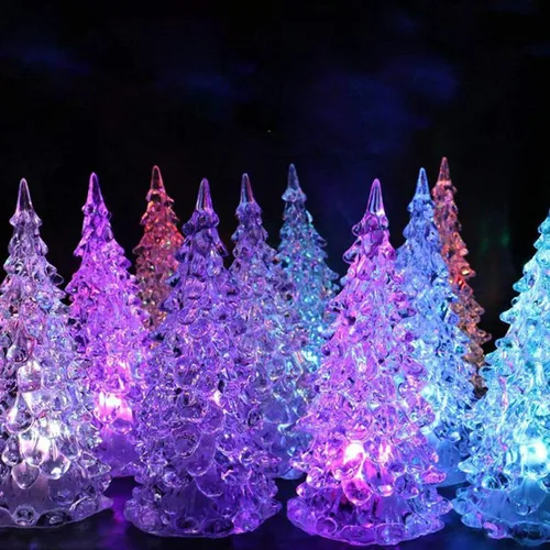 Vista 6 de Árbol de Navidad de cristal, 3 piezas de acrílico de 6.5 pulgadas, pequeño adorno de árbol de Navidad con luz LED que cambia de color, luz nocturna