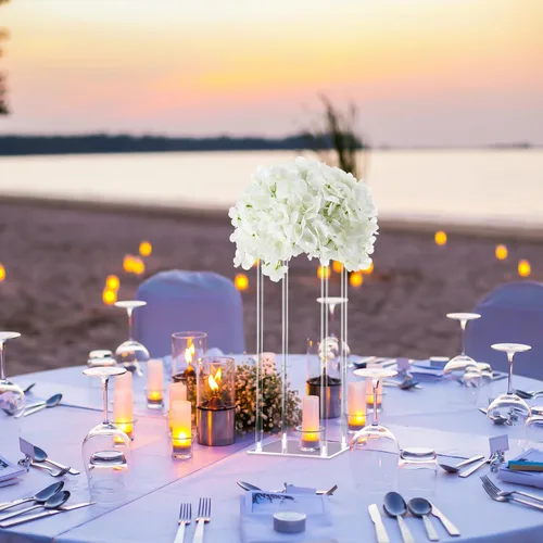 Vista 7 de Geetery Jarrón de acrílico alto para centros de mesa de boda, soporte elegante transparente con flores de hortensias artificiales para bodas
