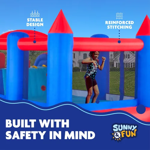Vista 4 de Sunny & Fun Castillo hinchable inflable con doble tobogán – Resistente para la diversión al aire libre – Pared de escalada, toboganes, casa