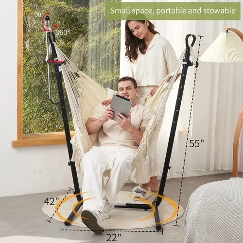Vista 4 de Hamaca con soporte incluido con soporte para teléfono, silla doble colgante, macramé, estilo boho, hecha a mano, columpio ajustable para interiores