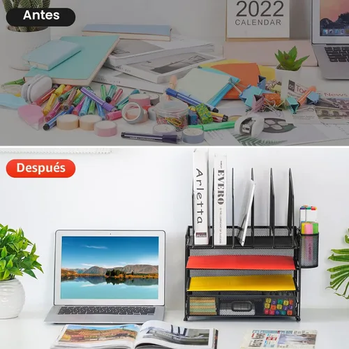 Vista 5 de Marbrasse Organizador de escritorio con cajón, organizador de archivos de malla de 4 niveles con 5 soportes verticales para archivos y 2 soportes