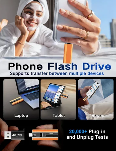 Vista 2 de EATOP Unidad flash de doble interfaz de 256 GB, no requiere aplicación, memoria USB portátil para iPhone, iPad, Android, PC y Mac, almacena Naranja