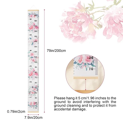 Vista 2 de Tabla de crecimiento de lona para niños para pared, rastreador de medición de altura floral para bebé niña, regla colgante con gancho extraíble