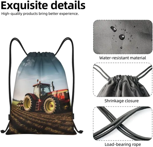 Vista 4 de VACSAX Mochila con cordón Deportes Resistente al Agua Bolsa de Cuerda Tractor Granja Imprimir Gimnasio DrawString Mochilas, Negro