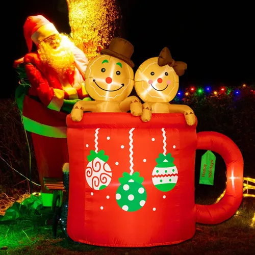 Vista 7 de Poptrend - Decoración inflable de Navidad de 6 pies, muñeco de jengibre con luces LED de Navidad, extravagante, divertida y colorida