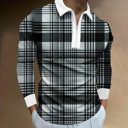 Vista 2 de Polo de manga larga con cremallera para hombre, camisetas de golf con estampado moderno suave y cómodo de algodón