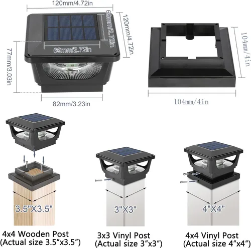 Vista 2 de Luces solares para postes de metal de 3 x 3 pulgadas y valla de vinilo de madera de 4 x 4, paquete de 2 – IP65 impermeable, brillante 120 lúmenes