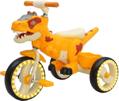 Vista 8 de Triciclo de dinosaurio para niños, triciclo para niños pequeños, rueda grande con música, cesta de almacenamiento, bicicleta para niños preescolares