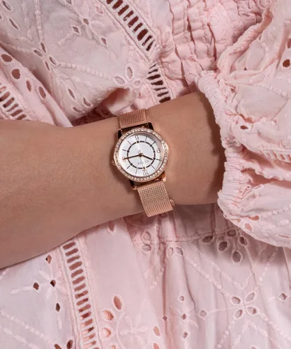 Vista 2 de GUESS Reloj para mujer de 1.102 in - Pulsera de tono dorado con esfera blanca y caja dorada