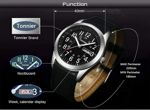 Vista 3 de Tonnier Reloj analógico para hombre con correa de lona y calendario, para hombre