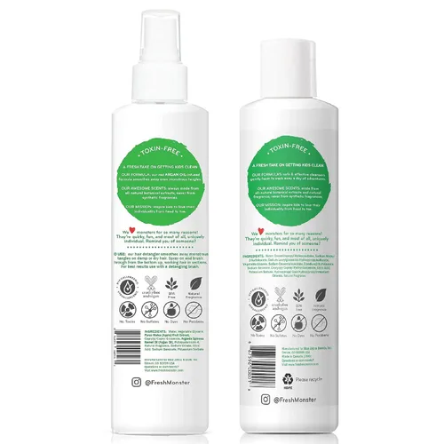 Vista 2 de Fresh Monster Spray desenredante para el cabello, champú y acondicionador 2 en 1, coco, sin toxinas, hipoalergénico y natural (8.5 onzas cada uno)