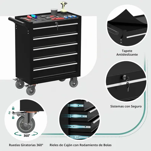 Vista 4 de Caja de herramientas con ruedas de 5 cajones, caja de herramientas rodante con ruedas, caja de herramientas con sistema de bloqueo con llave