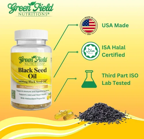 Vista 3 de Greenfield Nutritions - Aceite de semilla negra halal (Nigella Sativa), apoya el sistema inmunológico, el sistema digestivo y la salud