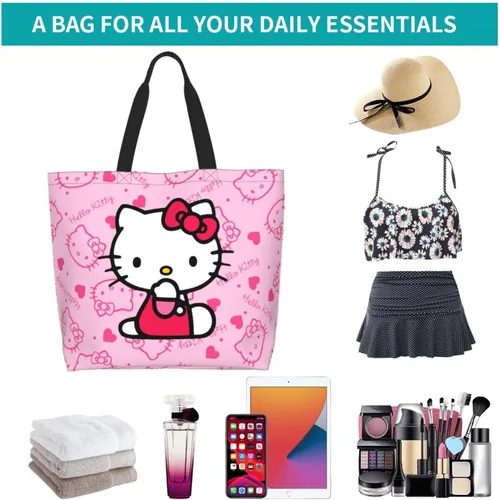 Vista 7 de Bolso de mano Kawaii rosa con gato para mujer, lindo bolso de hombro grande, bolso cruzado para el trabajo, viajes, compras