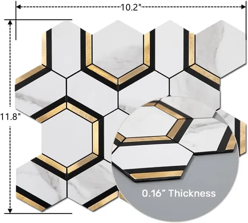Vista 2 de Azulejos hexagonales para salpicaduras de pelar y pegar, mármol blanco con oro, PVC mezclado de metal de 10 hojas, azulejos hexagonales para cocina