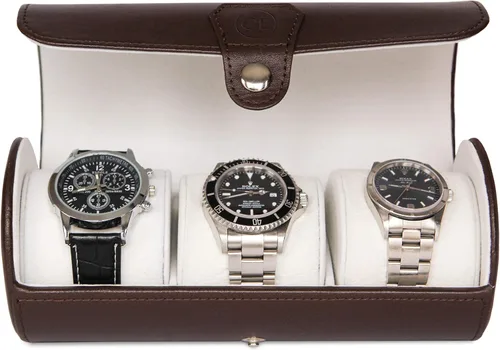 Vista 4 de Case Elegance - Caja de viaje de cuero vegano para reloj, Marrón