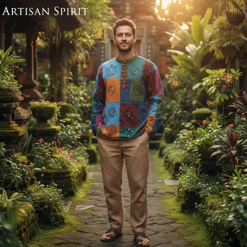 Vista 7 de Shopoholic Fashion Mens Boho Patchwork Cotton Long Sleeves Stonewashed Mandarin Collar Hippie Summer Festivals Shirt