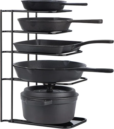 Vista 4 de Toplife Estante organizador de más de 7 tapas de olla + estante organizador resistente de 5 niveles para sartenes de hierro fundido, planchas y ollas