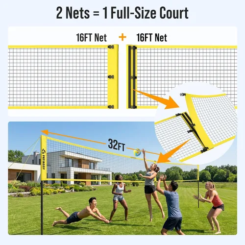 Vista 5 de 4 Square Volleyball Game Set, 4 Way Net System with 16FT & 32FT Court, Adjustable Height Backyard Badminton Combo, Portable Outdoor Kit with Ball