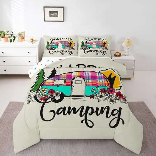 Vista 7 de Erosebridal Juego de edredón de cabaña de cabaña, juego de ropa de cama individual para niños, edredón de campamento con temática de campamento