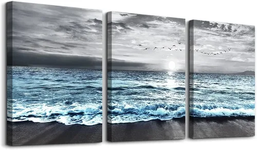 Vista 7 de Arte en lienzo enmarcado en negro para decoración de sala de estar y dormitorio - Pintura de pared de playa en blanco y negro - Imágenes de olas