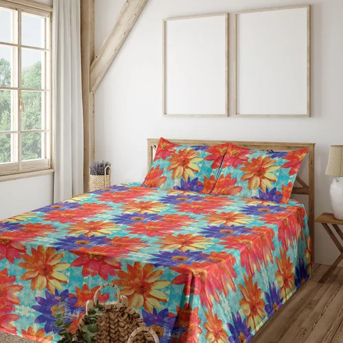 Vista 8 de Ambesonne Juego de sábanas vintage, diseño de curvas de inspiración victoriana, estampado de hojas y flores, sábana bajera y encimera con fundas