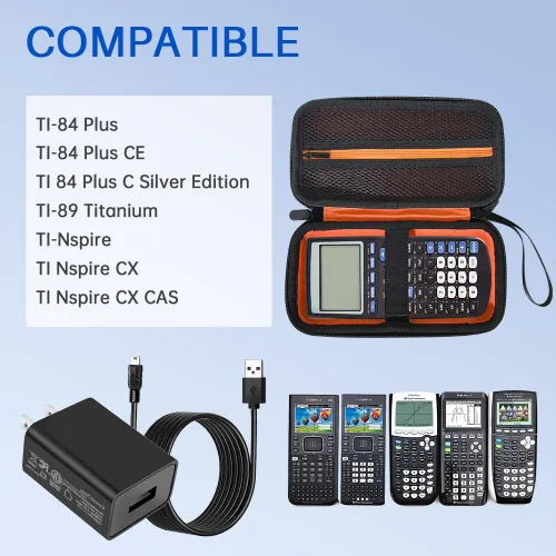 Vista 2 de Estuche rígido de transporte con cable de datos de cargador de alimentación para calculadora gráfica Texas Instruments TI-84 Plus CE/TI-84 Plus