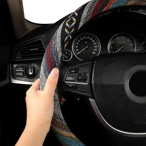 Vista 3 de GXT Manta Baja de 15 pulgadas para volante de automóvil, ajuste universal para la mayoría de los automóviles, estilo étnico, tela de lino gruesa