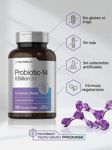 Vista 5 de Horbäach Probióticos 6 mil millones de UFC 200 tabletas masticables Sabor a bayas 14 cepas probióticas Suplemento vegetariano, sin OMG y sin