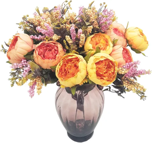 Vista 10 de 1 ramo de peonía artificial, racimo de peonía de seda de 19 pulgadas con 7 flores sintéticas, flores artificiales de estilo clásico con hojas y Azul