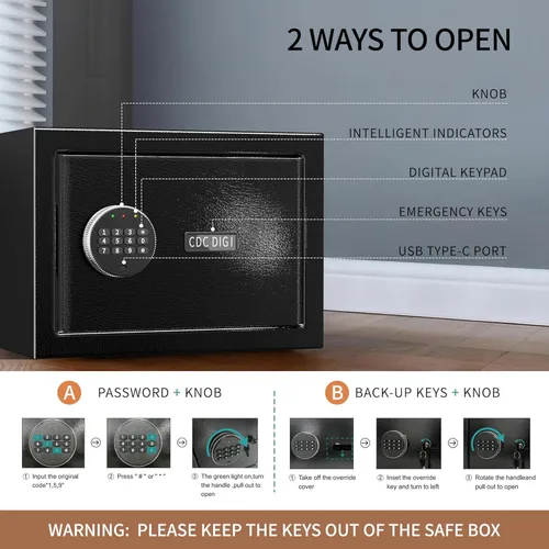 Vista 4 de Caja fuerte, Caja fuerte de 0.8 pies cúbicos, Caja de seguridad digital antirrobo con teclado electrónico y llave, Cajas fuertes a prueba de fuego
