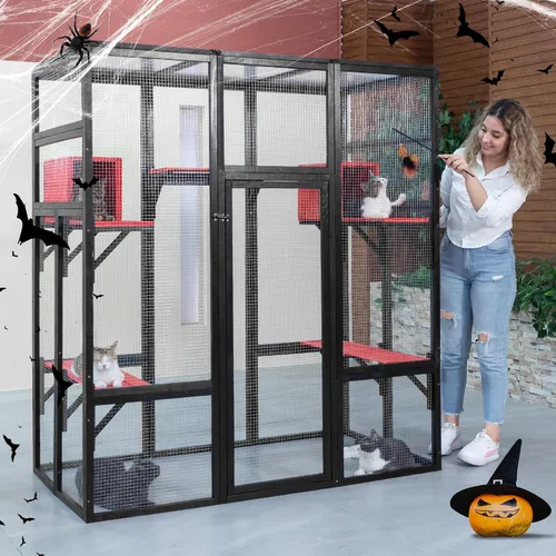 Vista 8 de Nyeekoy Refugio de gato al aire libre de madera grande de 71 pulgadas con perchas y condominios, casa para gatos con techo impermeable, refugio